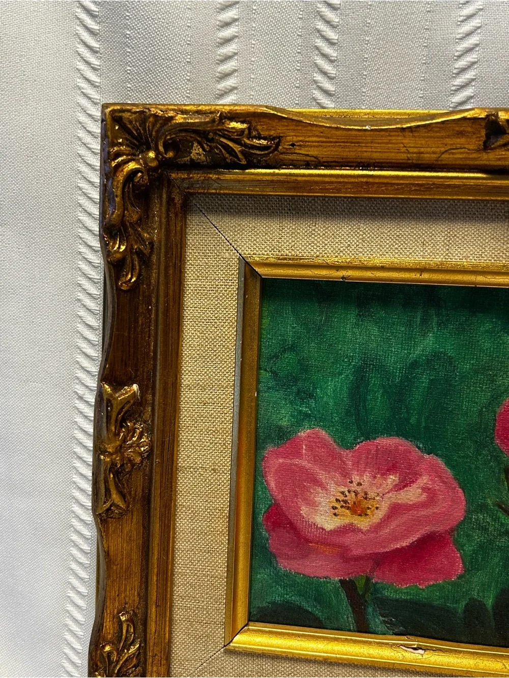 Vintage Signed Hand-Painted Pink Floral Green Ornate Gold Frame Original Artwork